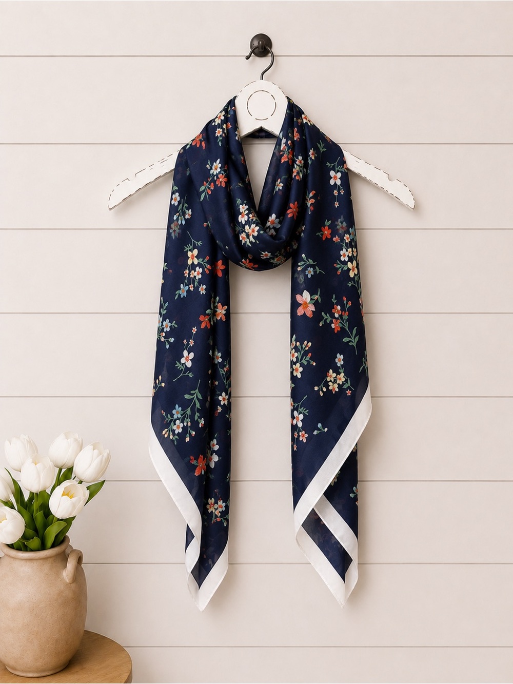 Banana Republic Navy Floral Scarf with White Border